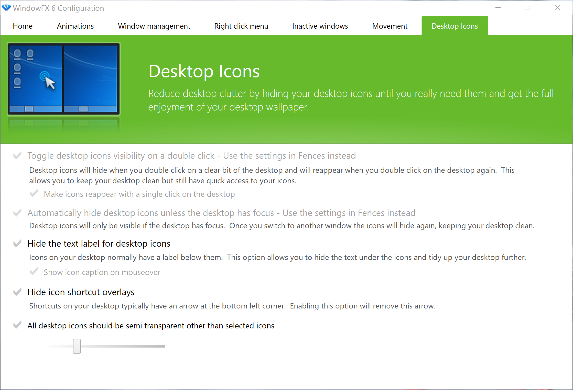 Desktop icons configuration